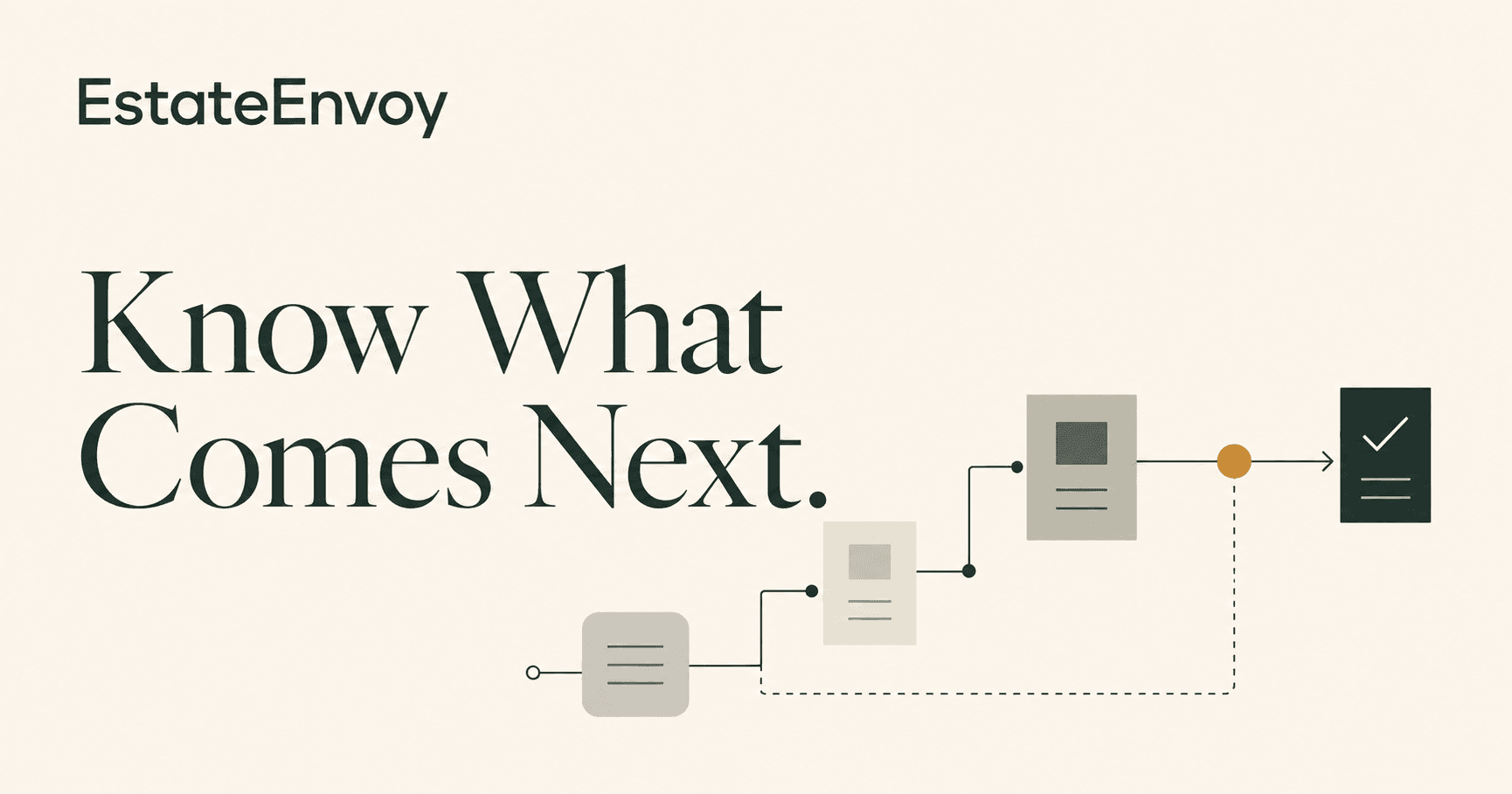 EstateEnvoy — Know What Comes Next. An abstract path connects estate matter cards to resolution.